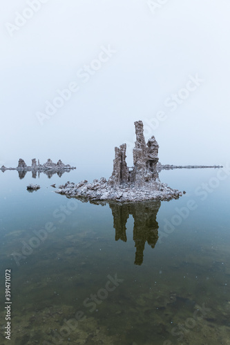 Obraz na płótnie Vertical shot of tufa formation and its reflection on Mono Lake in California