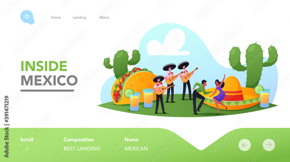Fototapeta premium Characters Celebrate Mexican Party Landing Page Template. People In Traditional Clothes, Mariachi Musicians with Guitars