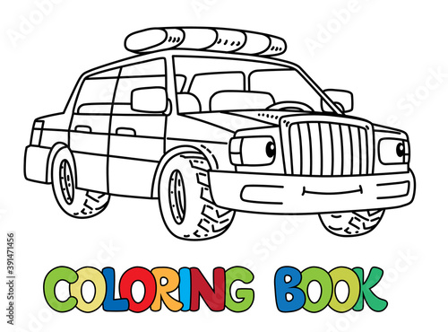 Funny small police car with eyes. Coloring book