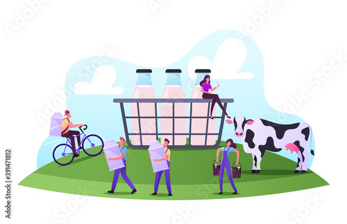 Farming Rancher Characters Working on Animal Farm Milking Cow and Delivering Dairy Production on Bicycle to Customers