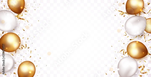 Celebration banner with gold confetti and balloons