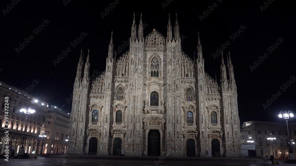 Europe, Italy , Milan November 2020 - Duomo cathedral and Vittorio Emanuele Gallery empty of people during the night -  Covid-19 coronavirus epidemic  lockdown in lombardy red zone 