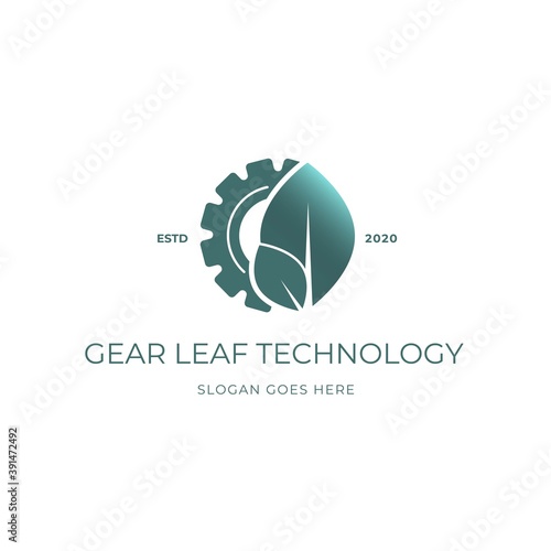 Symbol Concept With Gear Leaf.  Modern Agricultural Technology Logo Design Template. Icon Idea For Farming And Food Production Theme.