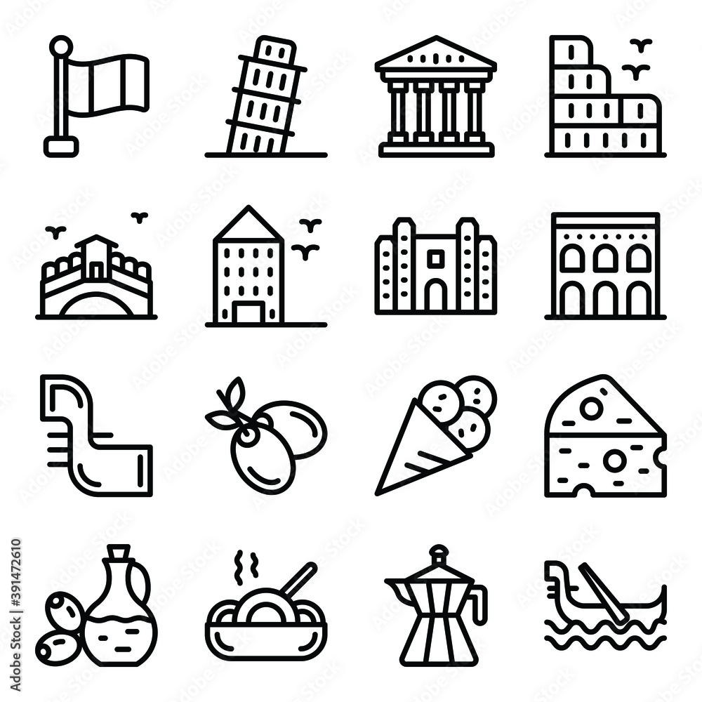 
Italy Landmarks and Culture Icons in Solid Style Set 

