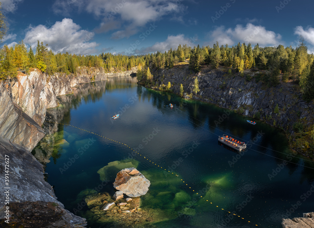 Marble Lake in Ruskeala Mountain Park. Karelia, Russia. An old abandoned quarry, which delivered stone for almost three centuries, a monument to the industrial history