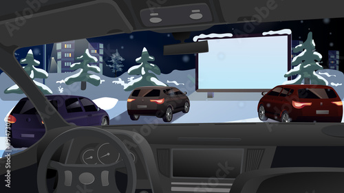 Winter cinema for cars in the open air. Watching Christmas and New Year movie premieres on a big screen from the car. Parking with snow and trees and a lantern. Night winter city. Vector