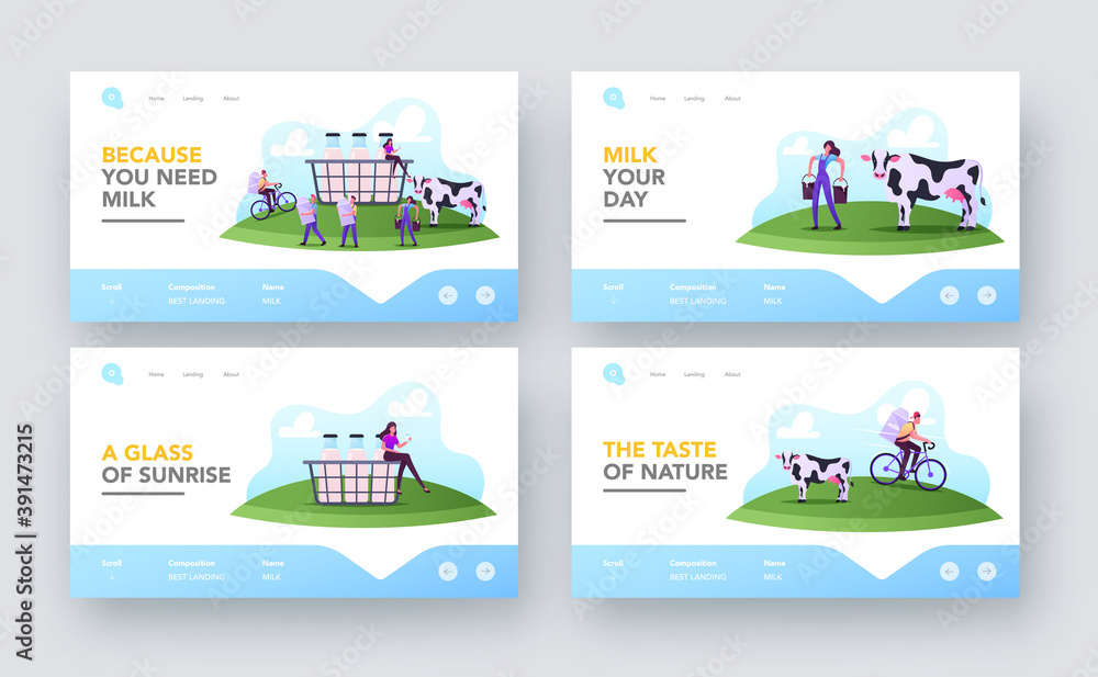 Milkman Work Landing Page Template Set. Characters Working on Animal Farm Milking Cow or Delivering Dairy Production