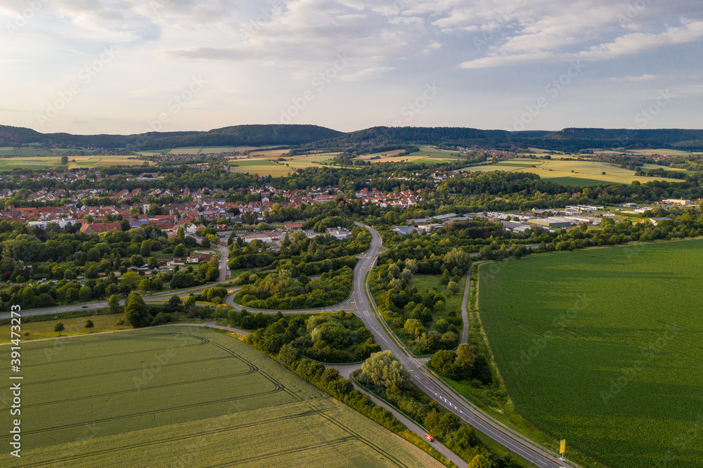 Drone panorama over Weserbergland , Germany..