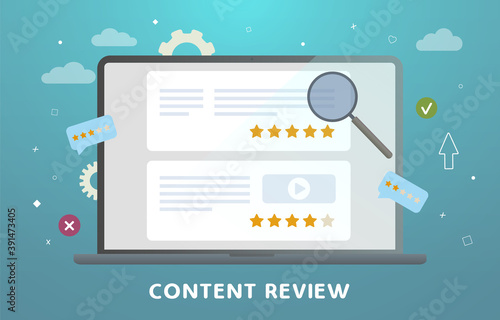 Website Content Review concept. Creative writing for blog, copywriting for web site articles with stars rating. Feedback, audience engagement, reviews and rating, testimonials and communication