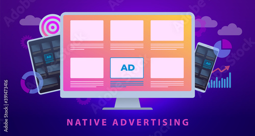 Native Advertising, Digital Marketing Business concept illustration. Programmatic cross targeting online ad marketing strategy. Advertising banner block neatly integrated into the web site design