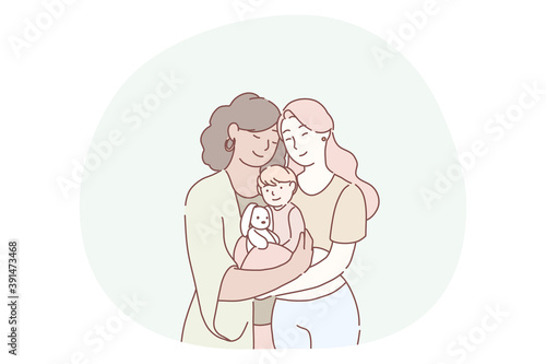 Motherhood, women generations in family concept. Smiling women grandmother, mother and little daughter on hands standing together and felling love and tenderness. Mother, daughter, togetherness, care
