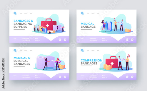Medical Bandage of Patient Landing Page Template Set. Nurse Traumatologist at Hospital Bandaging Hand with Bandage Roll