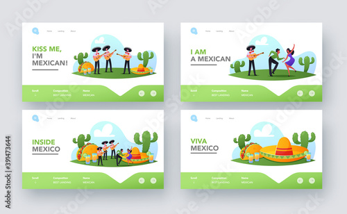 Characters Celebrate Mexican Party Landing Page Template Set. People In Traditional Clothes, Mariachi Musicians