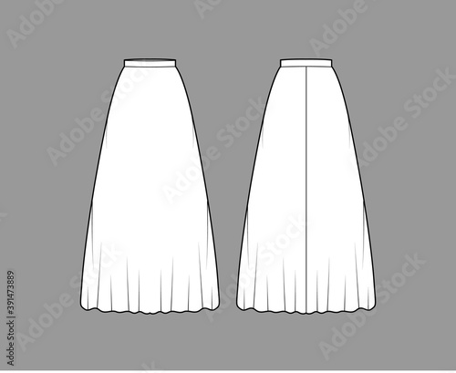 Skirt maxi long technical fashion illustration with floor ankle lengths silhouette, semi-circular fullness. Flat bottom template front, back, white color style. Women men unisex CAD mockup