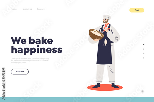 Confectionary catering service for festive event landing page with male confectioner making dough