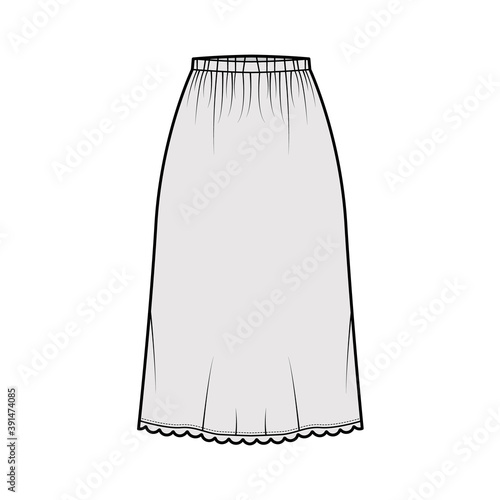 Skirt slip dirndl technical fashion illustration with below-the-knee silhouette, A-line fullness, scalloped edge. Flat bottom template front, grey color style. Women, men, unisex CAD mockup