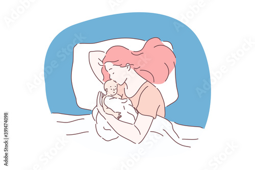 Sleeping, relaxation and comfortable rest concept. Young woman mother cartoon character sleeping and hugging her little baby toddler in bed under blanket at home vector illustration