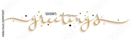 SEASON'S GREETINGS black and metallic gold vector brush calligraphy banner with stars