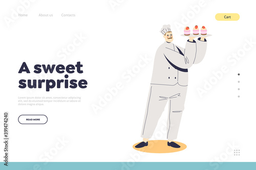 Confectionary order service landing page with male confectioner holding tray with cupcakes