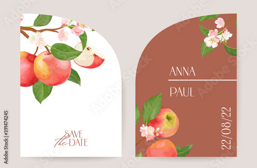 Modern minimal Art Deco wedding vector Invitation, botanical apple boho card. Fruit, leaves, tropic flowers