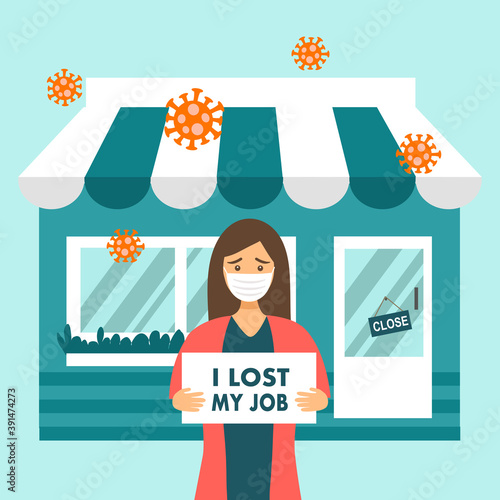 Woman staff loss a job due to Covid19 Coronavirus epidemic outbreak. Financial crisis. Bankruptcy. Unemployment problem.	
