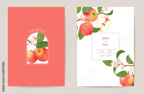Wedding apple floral vector card, exotic fruits, flowers, leaves invitation. Watercolor template frame