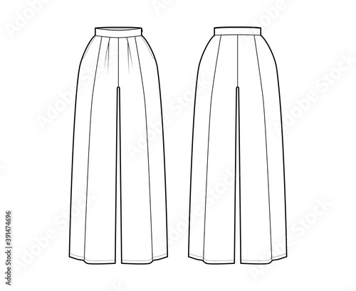 Pants skirt culotte gaucho technical fashion illustration with ankle floor length, oversize silhouette, side zipper. Flat bottom template front, back, white color style. Women, men, unisex CAD mockup