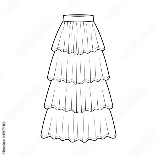 Skirt 4 layered flounce maxi technical fashion illustration with floor ankle lengths silhouette, circular fullness. Flat bottom template front, white color style. Women men unisex CAD mockup
