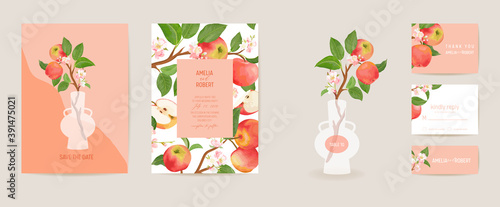 Wedding invitation apple vector card. Vintage botanical Save the Date set. Design template of fruits, flowers