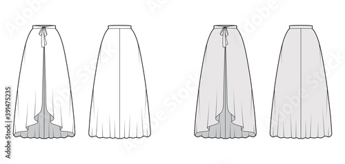 Over Skirt circular fullness technical fashion illustration with bow, floor ankle lengths, thin waistband. Flat bottom template front, back, white grey color style. Women men unisex CAD mockup