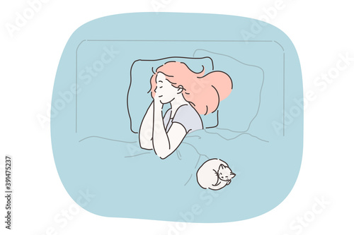 Sleeping, relaxation and comfortable rest concept. Young smiling woman cartoon character sleeping with white cat on pillow in bed under blanket at home vector illustration
