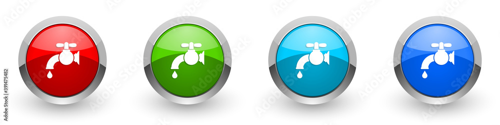 Water faucet, old tap silver metallic glossy icons, set of modern design buttons for web, internet and mobile applications in four colors options isolated on white background Water faucet, old tap silver metallic glossy icons, set of modern design buttons for web, internet and mobile applications in four colors options isolated on white background