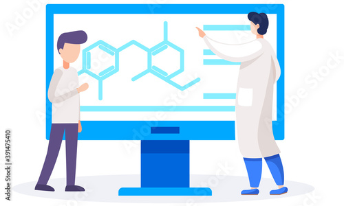 The man controls the work in the laboratory. Chemist points to indicators on the screen. Scientific research. Male director supervises the implementation of research work in a scientific lab