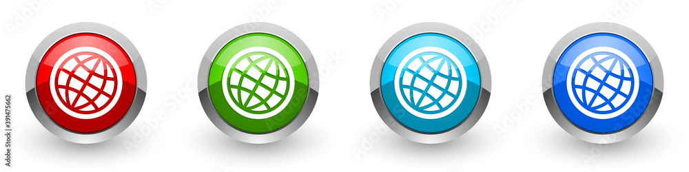 World, globe silver metallic glossy icons, set of modern design buttons for web, internet and mobile applications in four colors options isolated on white background World, globe silver metallic glossy icons, set of modern design buttons for web, internet and mobile applications in four colors options isolated on white background