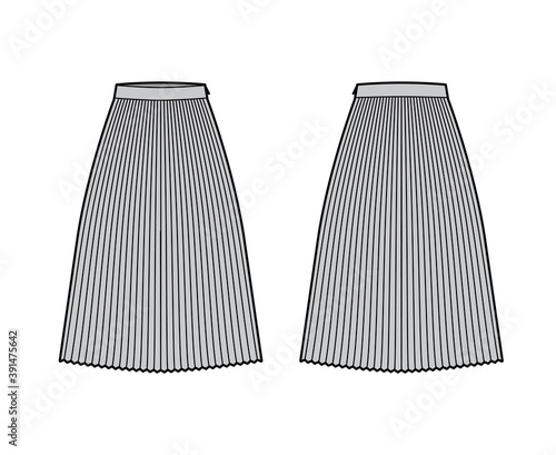 Skirt sunray pleat technical fashion illustration with below-the-knee midi length silhouette, circular fullness. Flat bottom template front, back, grey color style. Women, men, unisex CAD mockup