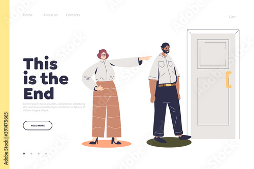 Loosing job concept of landing page with businesswoman pointing finger to door for fired employee