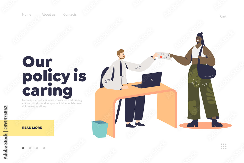 Health insurance policy concept of landing page with woman signing contract with clinic or hospital