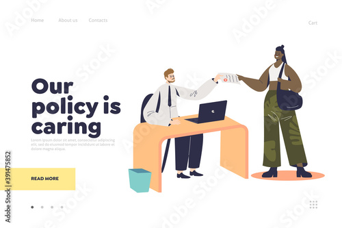 Health insurance policy concept of landing page with woman signing contract with clinic or hospital