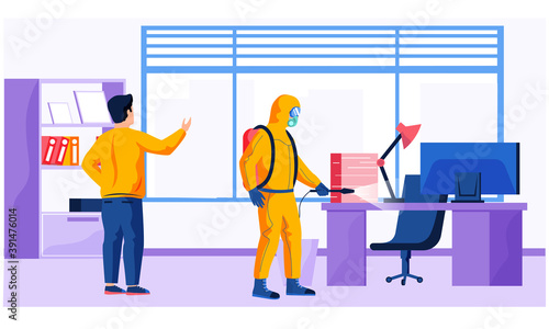 A man from pest control service doing disinfection in office to kill viruses and bacteria flat vector illustration. Male character in a protective suit sprays a room with disinfectant solute