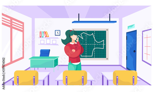 A female teacher explains a new topic. Sewing lesson at a school for seamstresses. Pattern drawn on the school board. An educational institution for future seamstresses. Class in creating clothes