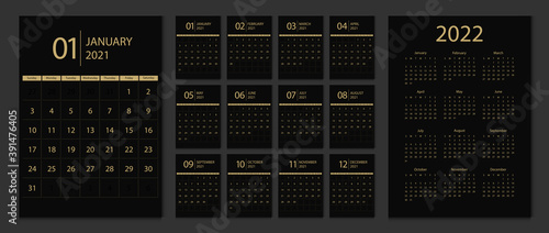 Calendar 2021, calendar 2022 week start Sunday corporate design template vector.