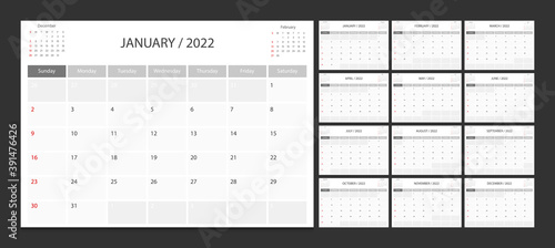 Calendar 2022 week start Sunday corporate design planner template.