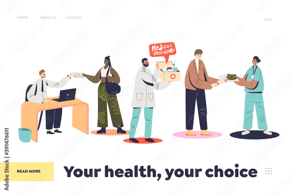 Fill for health insurance services concept of landing page with people getting medication