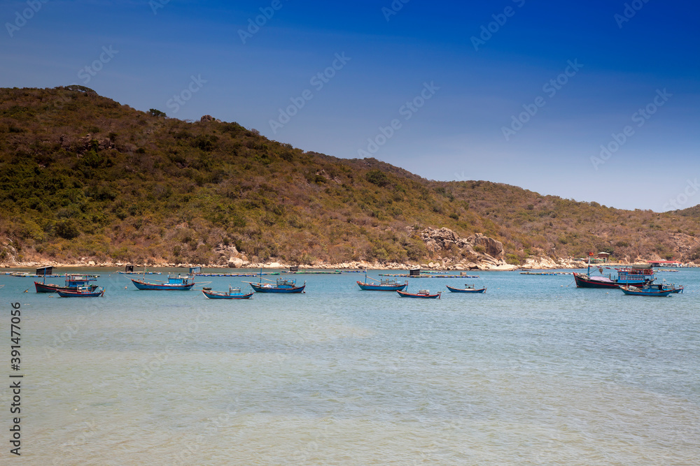 Colourful fishing boats in Vinh Hy bay, Ninh Thuan Province, South China Sea, Vietnam, Asia