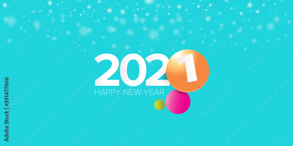 2021 Happy new year horizontal banner background or greeting card with text. vector 2021 new year numbers isolated on a turquoise horizontal background with falling snowflakes