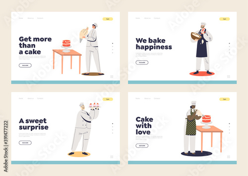 Dessert and bakery catering service landing pages set with professional confectioners cooking
