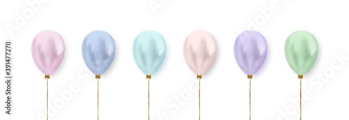 Balloon set for decoration. Realistic vector clipart. Colorful balloons in pastel color with gold ribbon and bow.