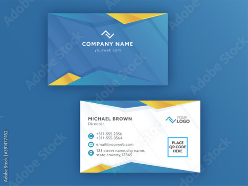 Front And Back View Of Horizontal Business Card On Blue Background.