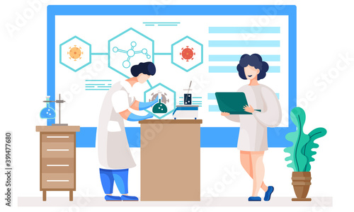 Medical workers in lab. People in white coat work with a microscope and a test tube, virologists, chemical researchers with laboratory equipment. Illustration of science experiment with vaccine