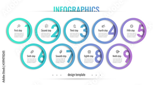Vector Infographic design template with icons and 9 options or steps. Can be used for process diagram, presentations, workflow layout, banner, flow chart, info graph.